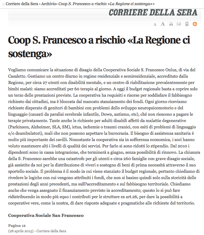 Lettera aperta della Cooperativa San Francesco all Regione Lazio su Il Corriere della Sera